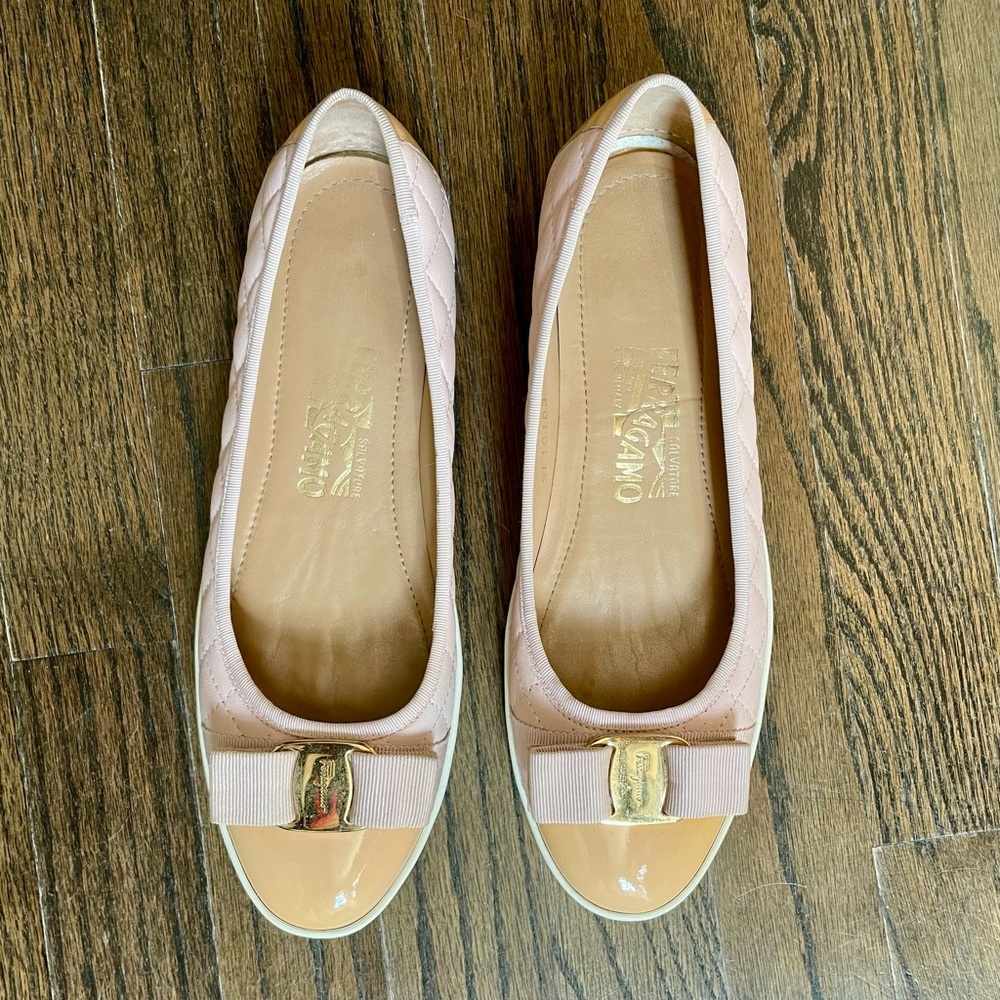 Salvatore Ferragamo Light Pink Blush and Beige Bow Flats